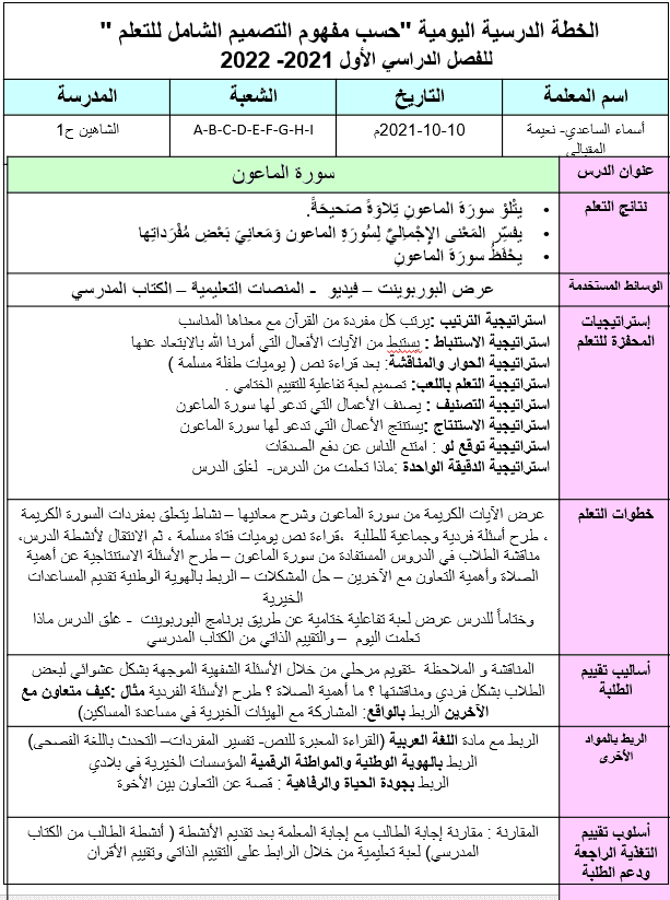 الخطة الدرسية اليومية سورة الماعون التربية الإسلامية الصف الثالث - بوربوينت