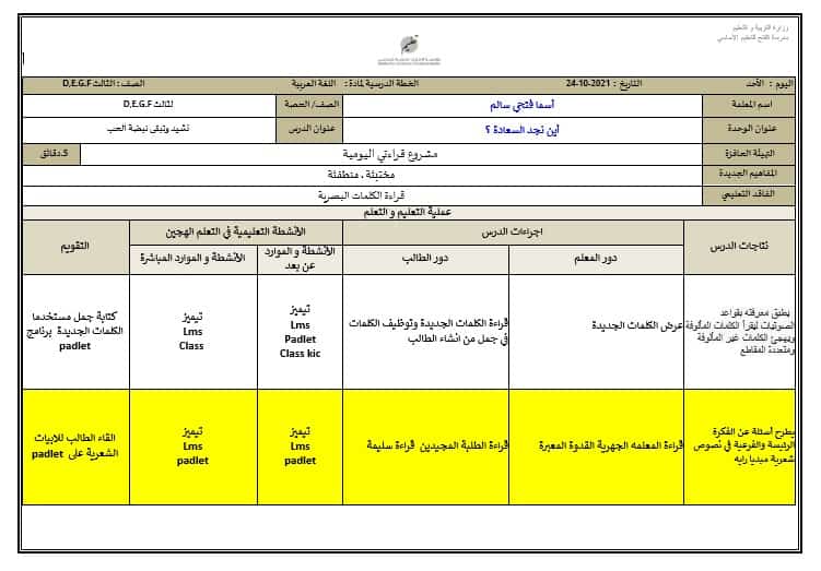 الخطة الدرسية اليومية الأسبوع التاسع اللغة العربية الصف الثالث