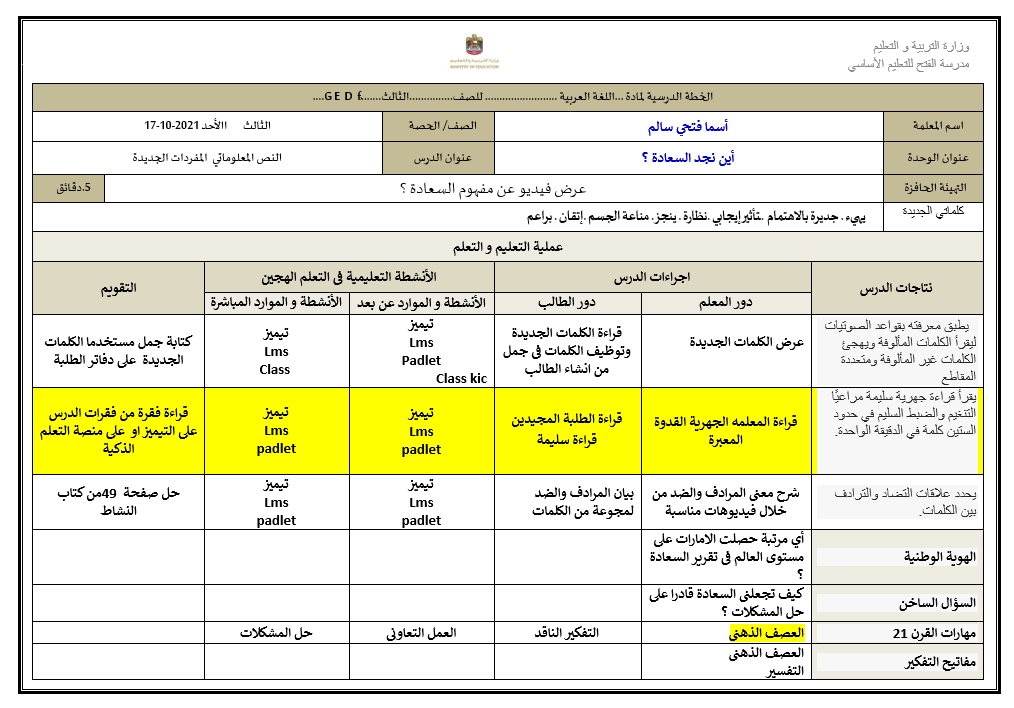 الخطة الدرسية اليومية الأسبوع الثامن اللغة العربية الصف الثالث