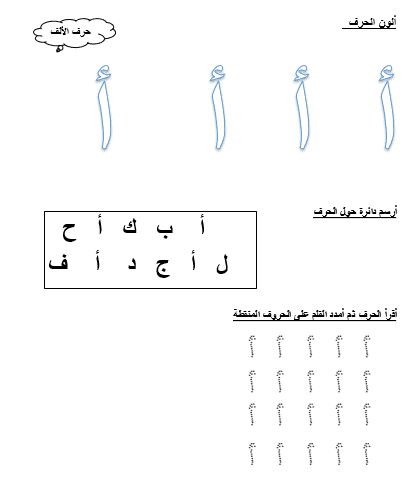 أوراق عمل الحروف الهجائية من الألف إلى السين اللغة العربية الصف الأول