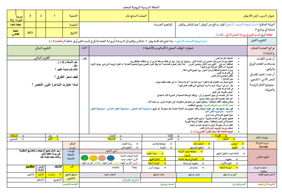 الخطة الدرسية اليومية إشراقة وطن اللغة العربية الصف السابع