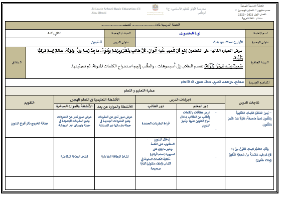 الخطة الدرسية اليومية الأسبوع الثالث اللغة العربية الصف الثاني