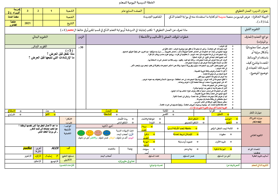 الخطة الدرسية اليومية العمل التطوعي اللغة العربية الصف السابع