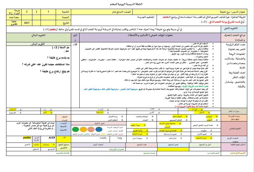 الخطة الدرسية اليومية برج خليفة اللغة العربية الصف السابع