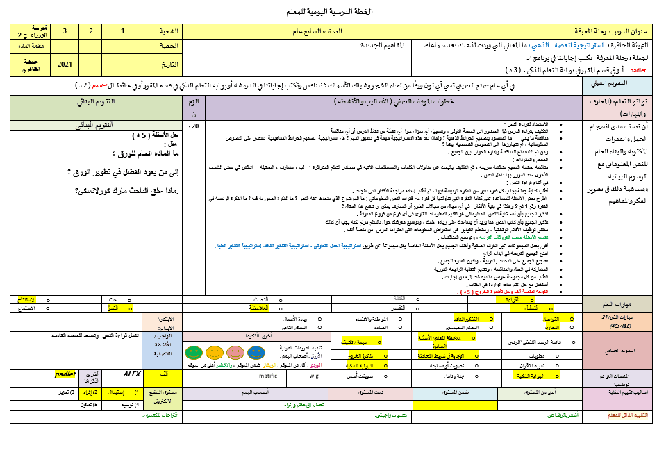 الخطة الدرسية اليومية رحلة المعرفة اللغة العربية الصف السابع