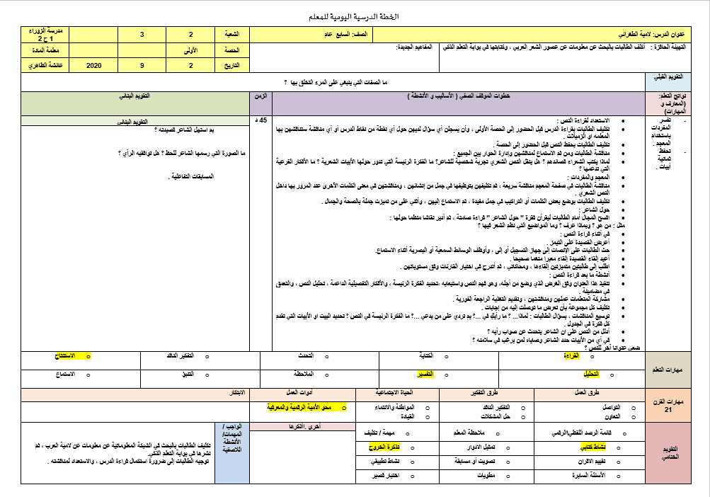 الخطة الدرسية اليومية لامية الطغرائي اللغة العربية الصف السابع