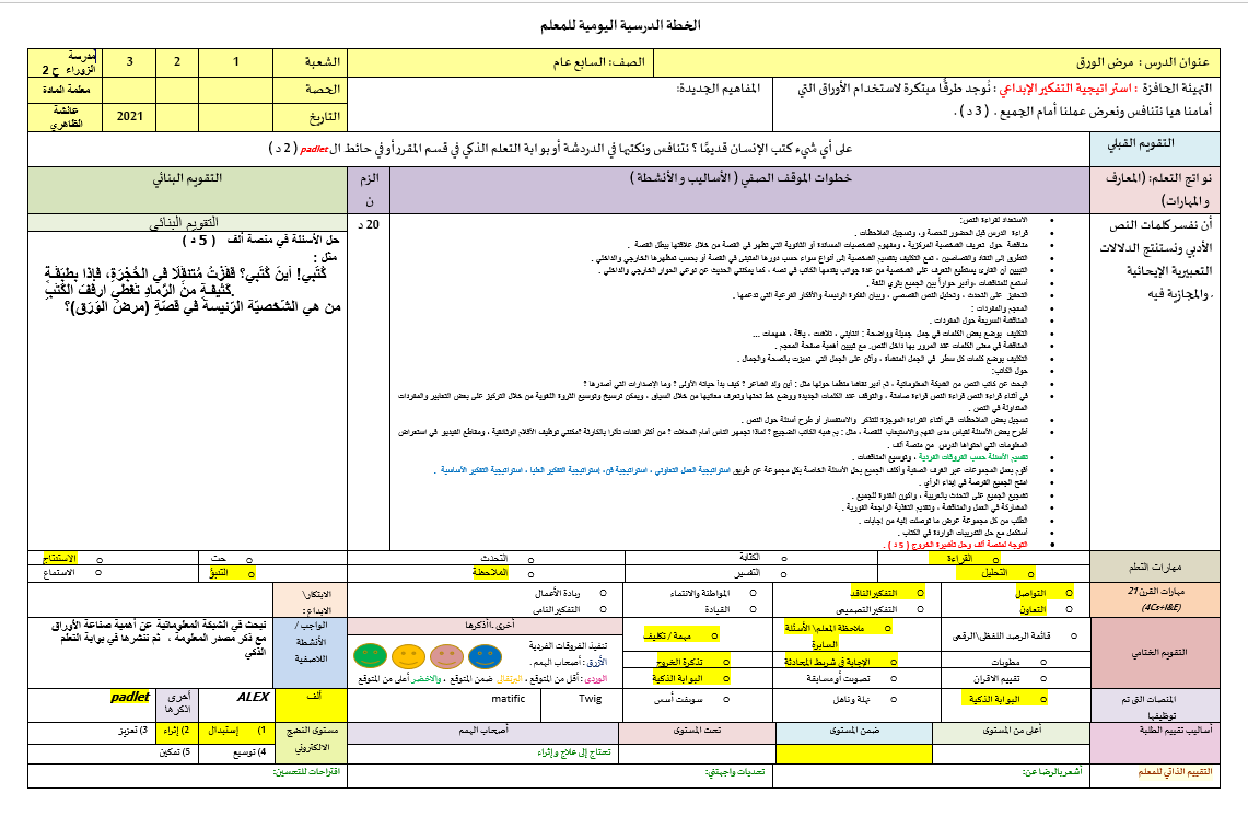 الخطة الدرسية اليومية مرض الورق اللغة العربية الصف السابع