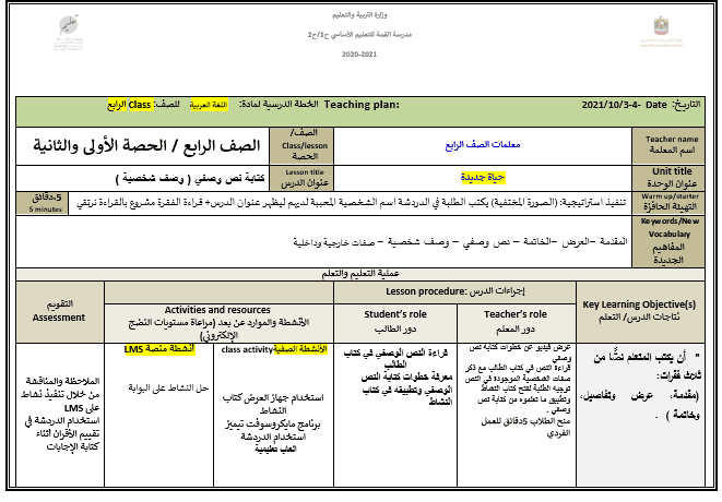 الخطة الدرسية اليومية الأسبوع السادس اللغة العربية الصف الرابع