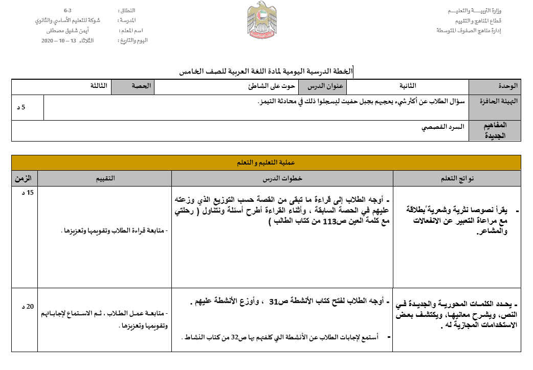 الخطة الدرسية اليومية حوت على الشاطئ اللغة العربية الصف الخامس