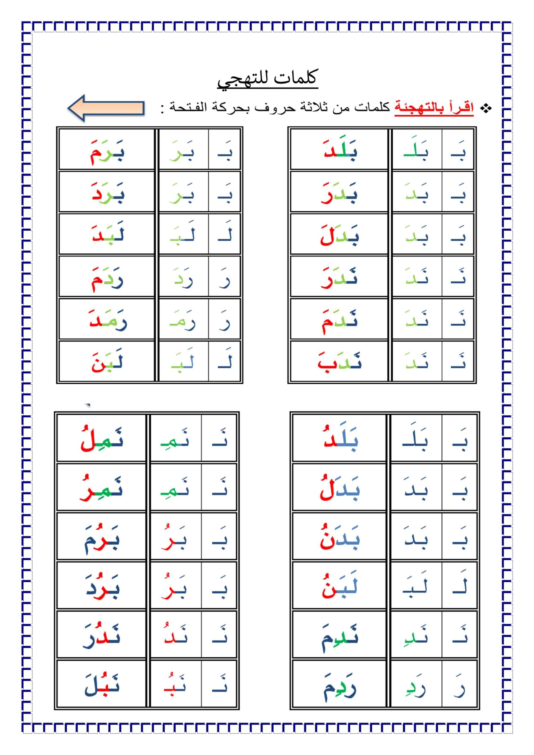 كلمات للتهجي اللغة العربية الصف الأول