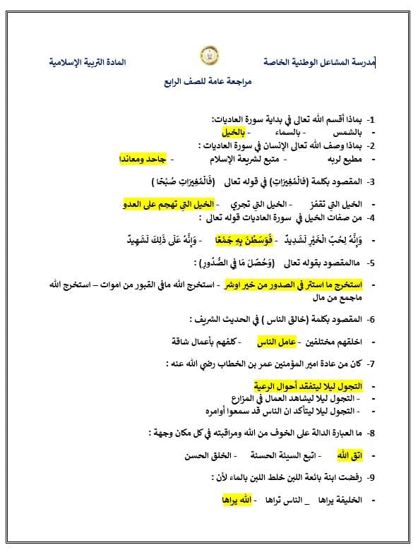 أوراق عمل متنوعة التربية الإسلامية الصف الرابع