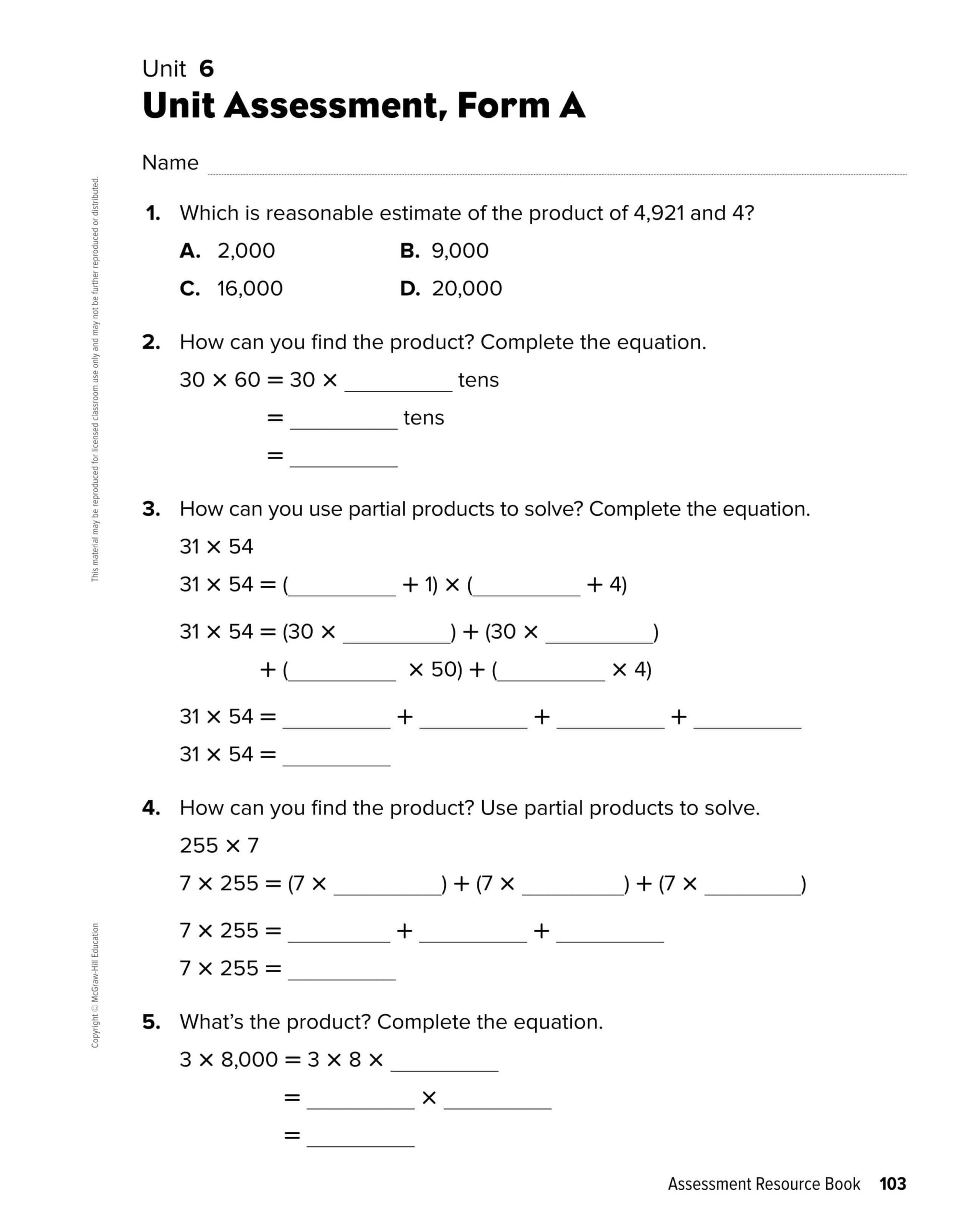Unit 6 Unit Assessment بالإنجليزي الرياضيات المتكاملة الصف الرابع