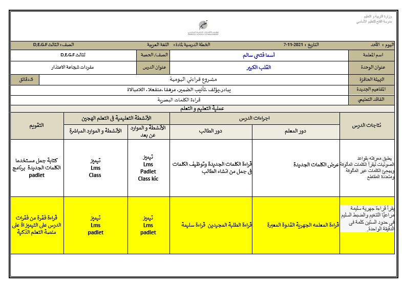 الخطة الدرسية اليومية الأسبوع الحادي عشر اللغة العربية الصف الثالث 