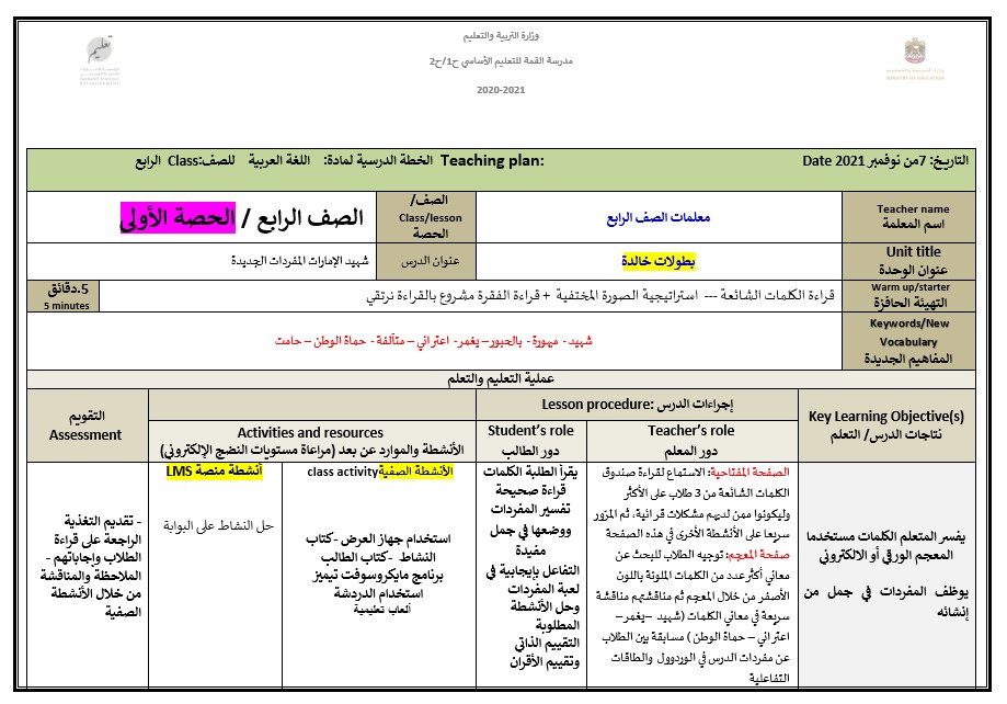 الخطة الدرسية اليومية الأسبوع الحادي عشر اللغة العربية الصف الرابع