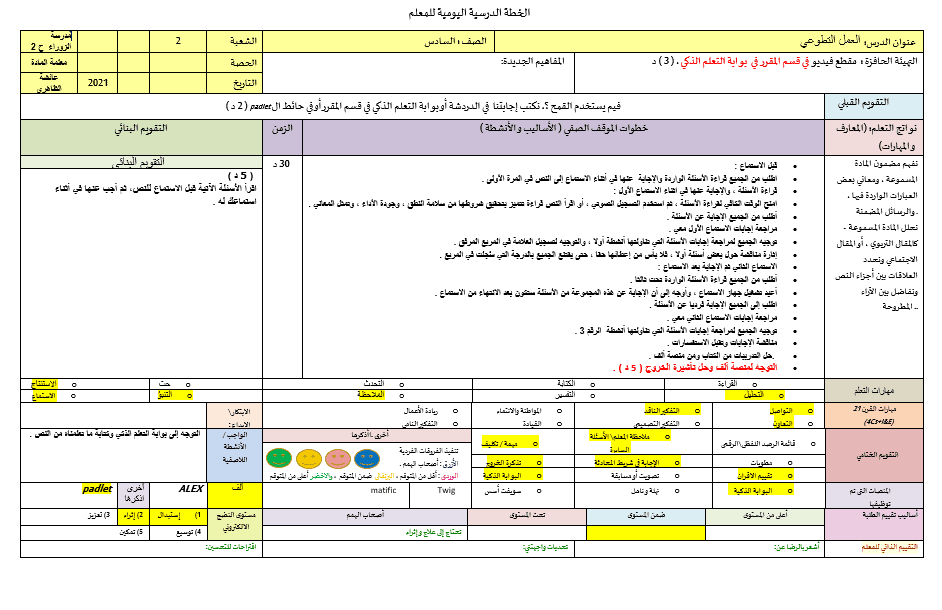الخطة الدرسية اليومية العمل التطوعي اللغة العربية الصف السادس