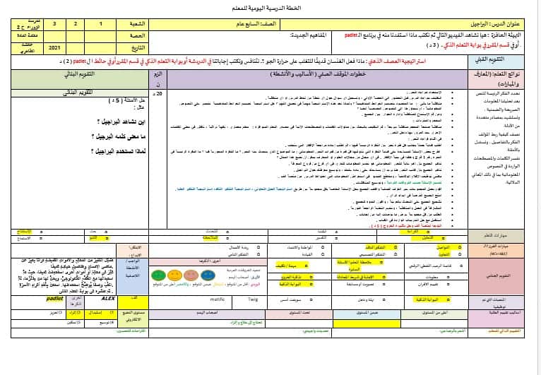 الخطة الدرسية اليومية البراجيل اللغة العربية الصف السابع