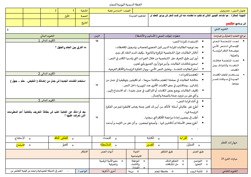 الخطة الدرسية اليومية حلم وجهل اللغة العربية الصف السادس