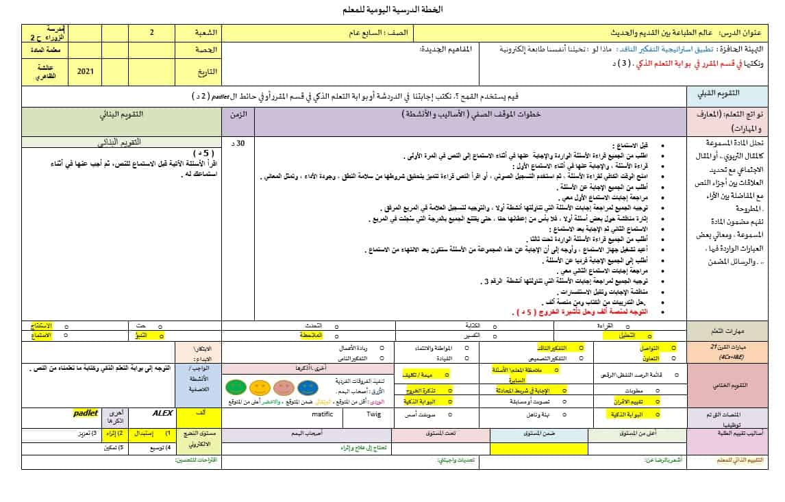 الخطة الدرسية اليومية عالم الطباعة بين القديم والحديث اللغة العربية الصف السابع
