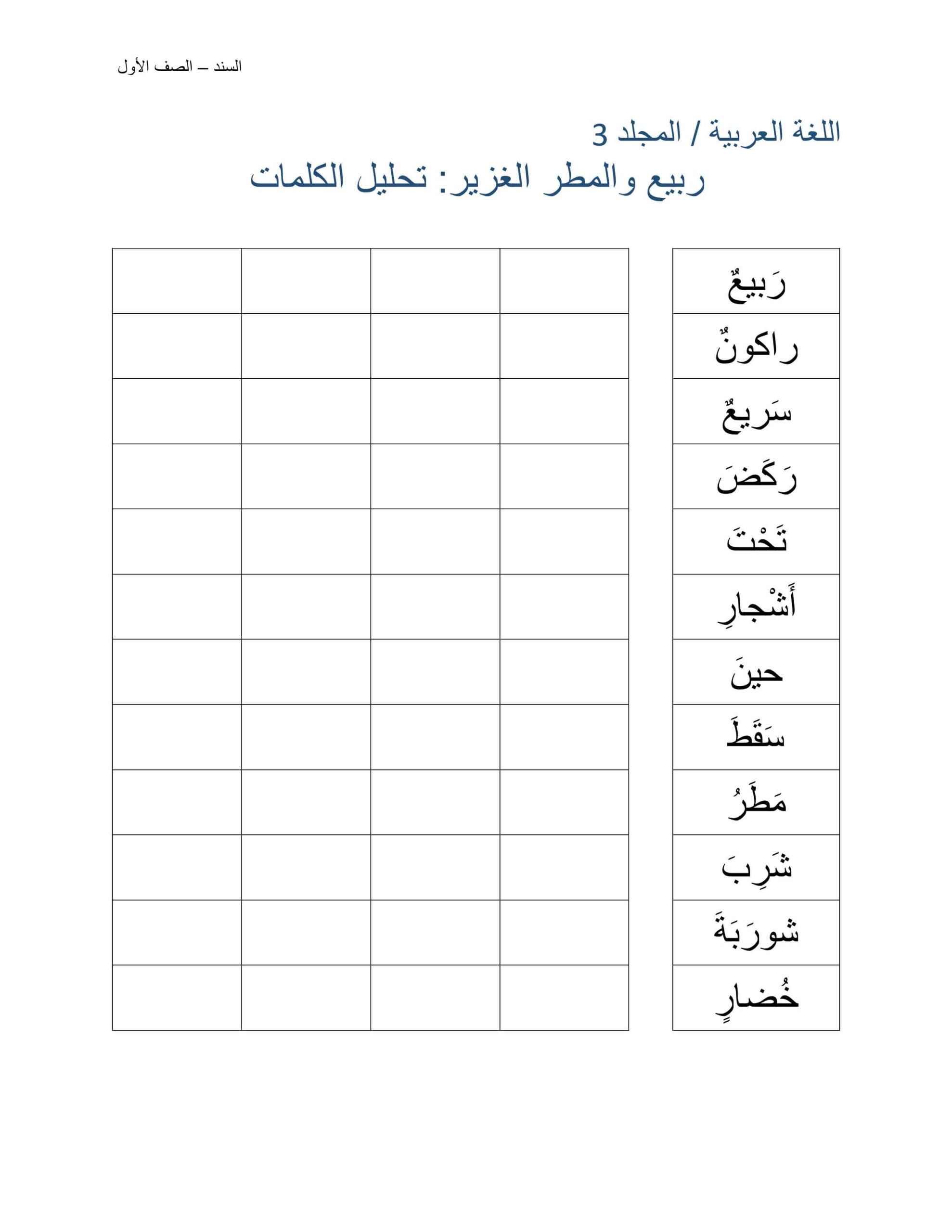 ورقة عمل درس ربيع والمطر الغزير تحليل الكلمات اللغة العربية الصف الأول