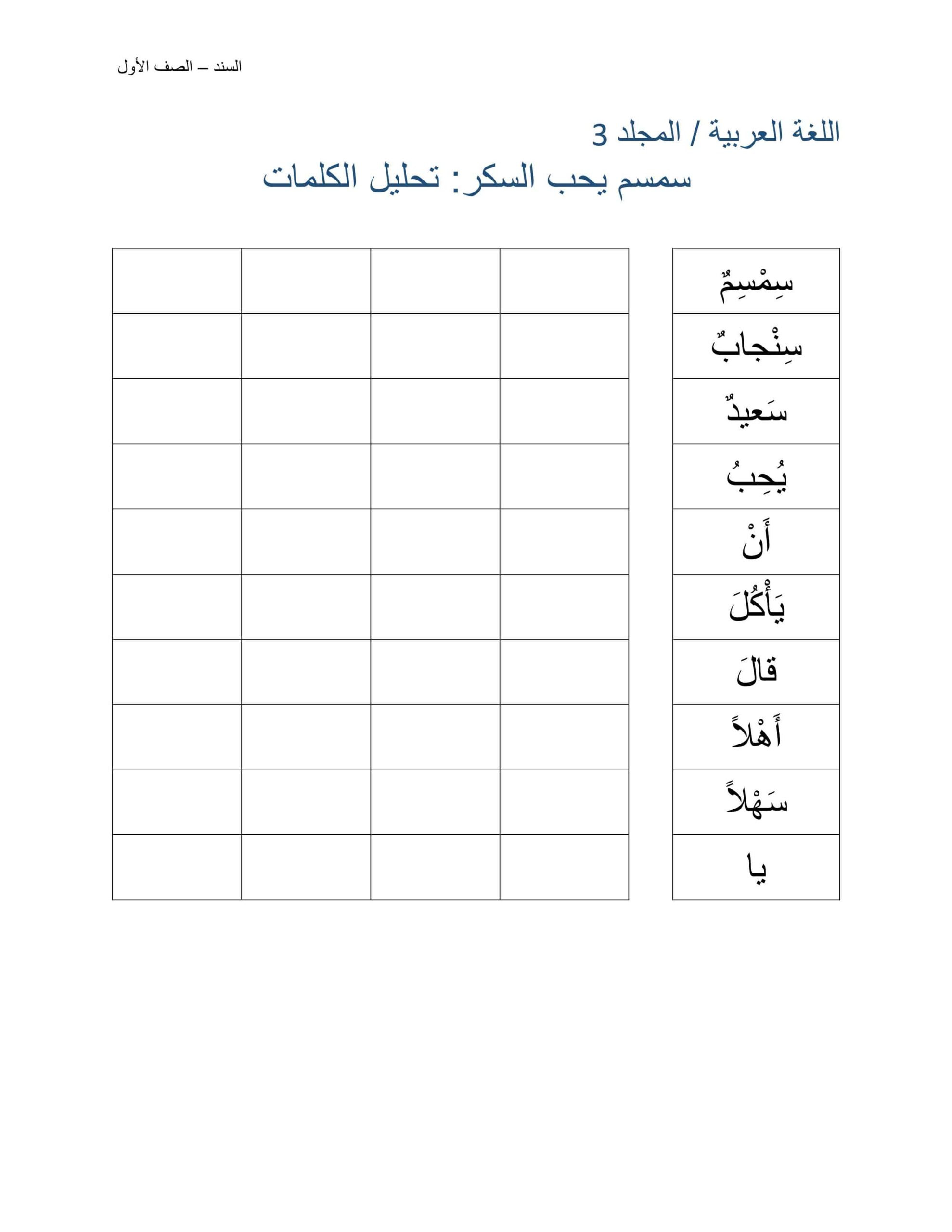 ورقة عمل درس سمسم يحب السكر تحليل الكلمات اللغة العربية الصف الأول
