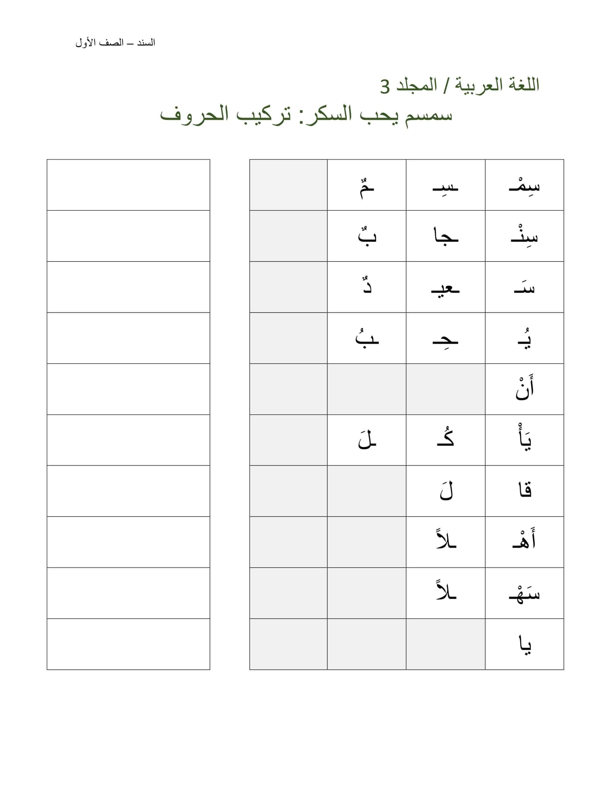 ورقة عمل سمسم يحب السكر تركيب الحروف اللغة العربية الصف الأول