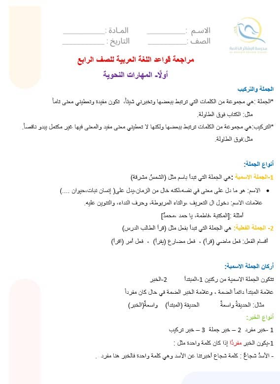 مراجعة قواعد اللغة العربية للصف الرابع