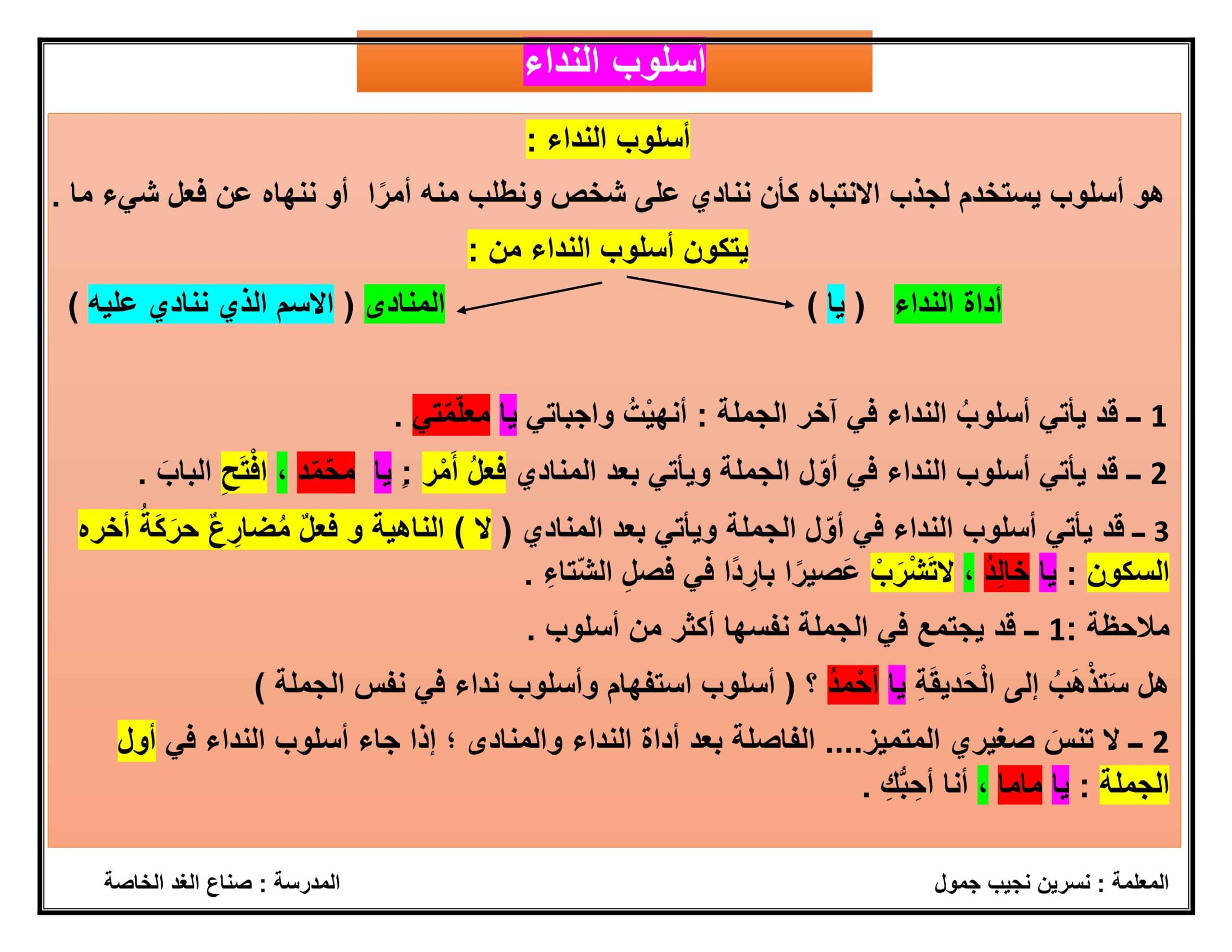 ورقة عمل أسلوب النداء اللغة العربية الصف الثالث
