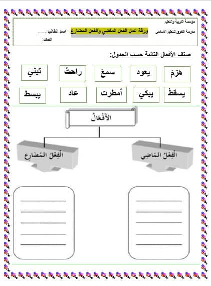 ورقة عمل الفعل الماضي والفعل المضارع اللغة العربية الصف الثاني 