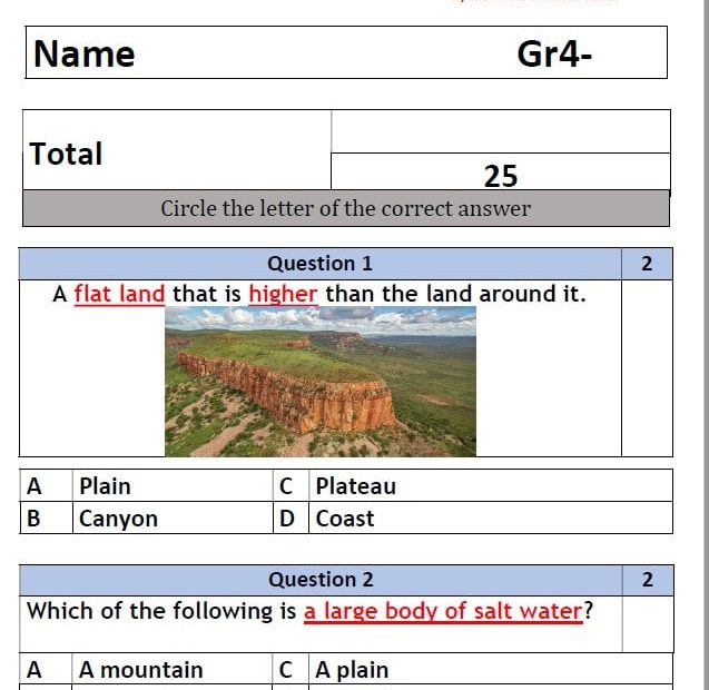 اختبار التقويم الأول QUIZ-1 العلوم المتكاملة الصف الرابع