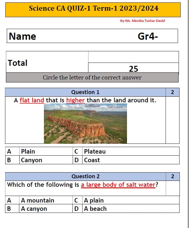 اختبار التقويم الأول QUIZ-1 العلوم المتكاملة الصف الرابع 