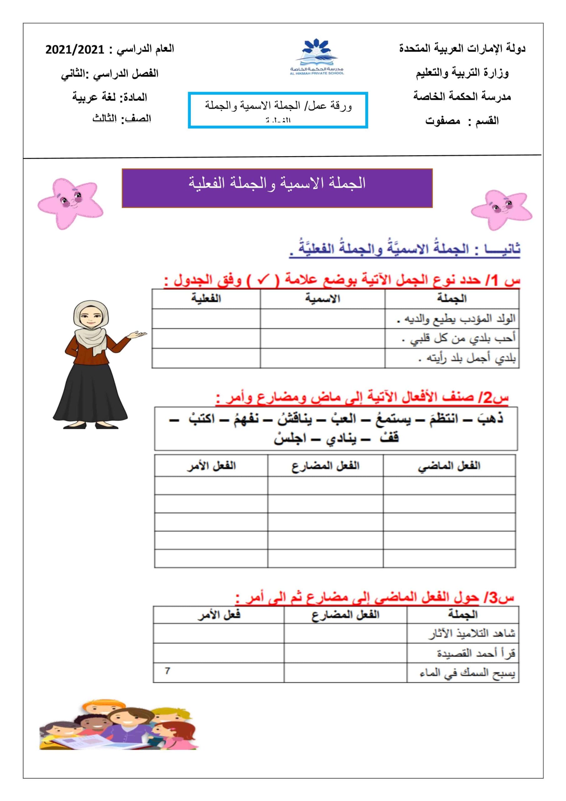 ورقة عمل الجملة الاسمية والجملة الفعلية اللغة العربية الصف الثالث 