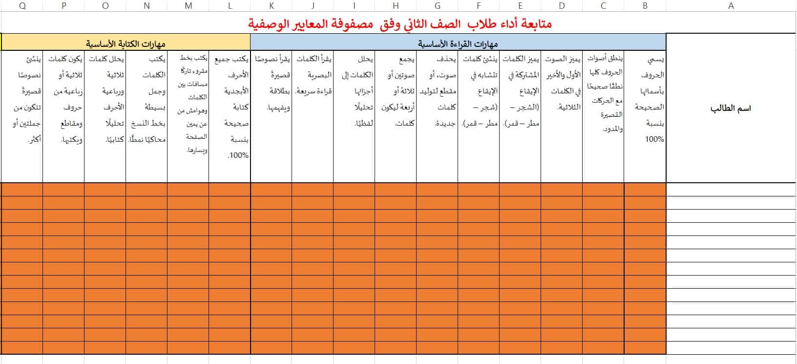 متابعة أداء طلاب وفق مصفوفة المعايير الوصفية اللغة العربية الصف الثاني