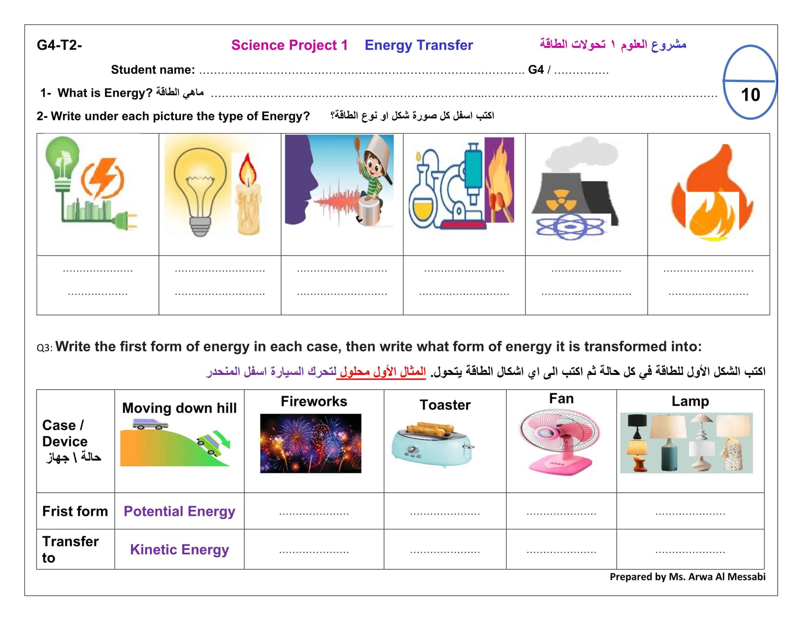 ورقة عمل Energy Transfer بالإنجليزي العلوم المتكاملة الصف الرابع