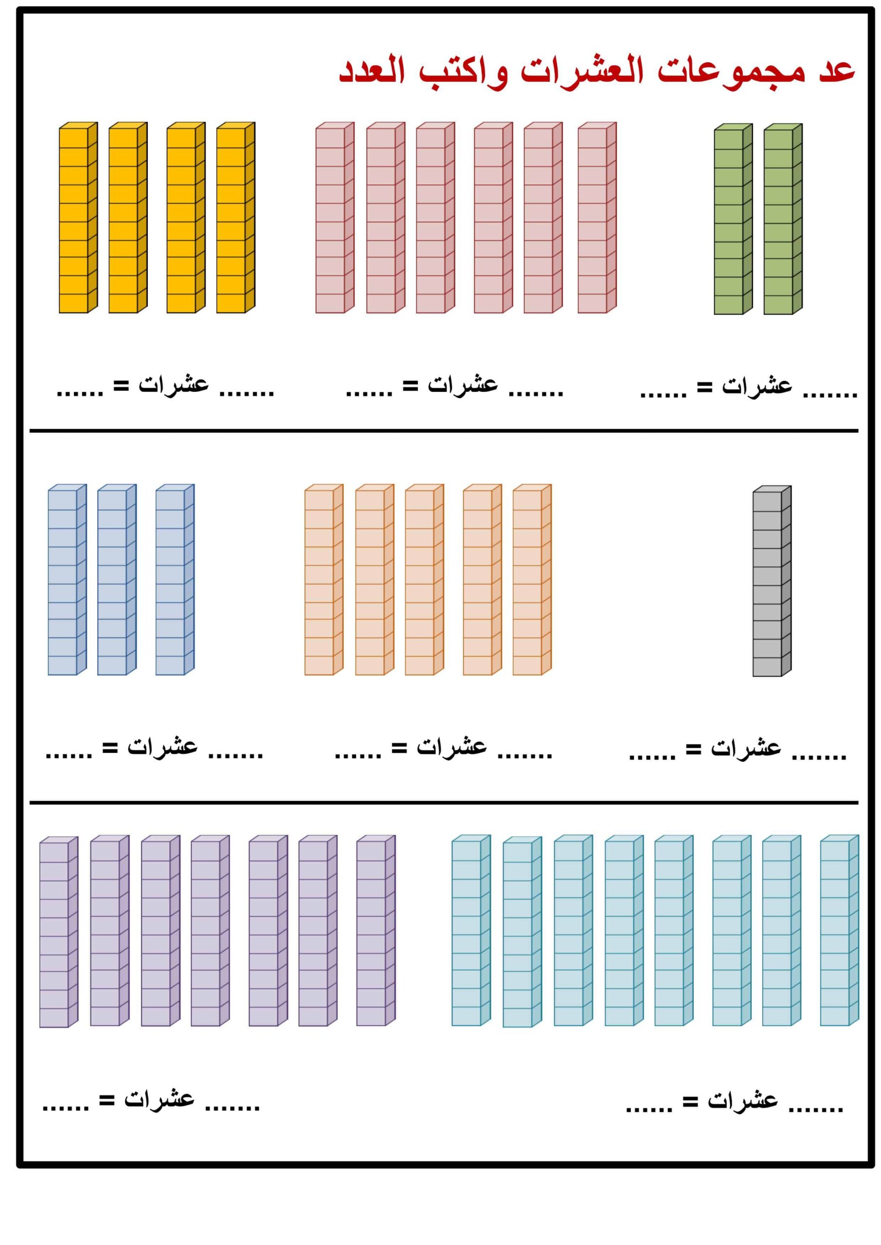 أوراق عمل العد بالعشرات الرياضيات المتكاملة الصف الأول