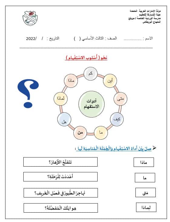 أوراق عمل أسلوب الاستفهام اللغة العربية الصف الثالث