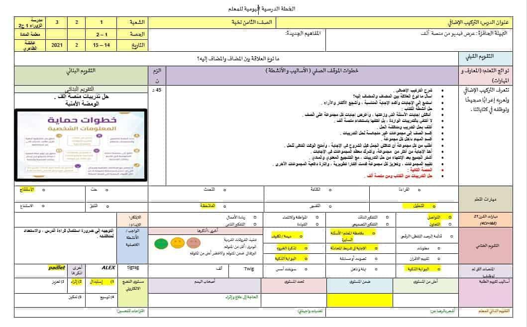الخطة الدرسية اليومية التركيب الإضافي اللغة العربية الصف الثامن