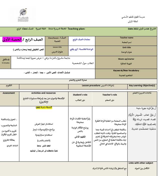 الخطة الدرسية اليومية جحا وحماره والناس اللغة العربية الصف الرابع