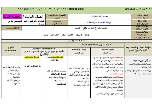 الخطة الدرسية اليومية هيا إلى السيرك اللغة العربية الصف الثالث