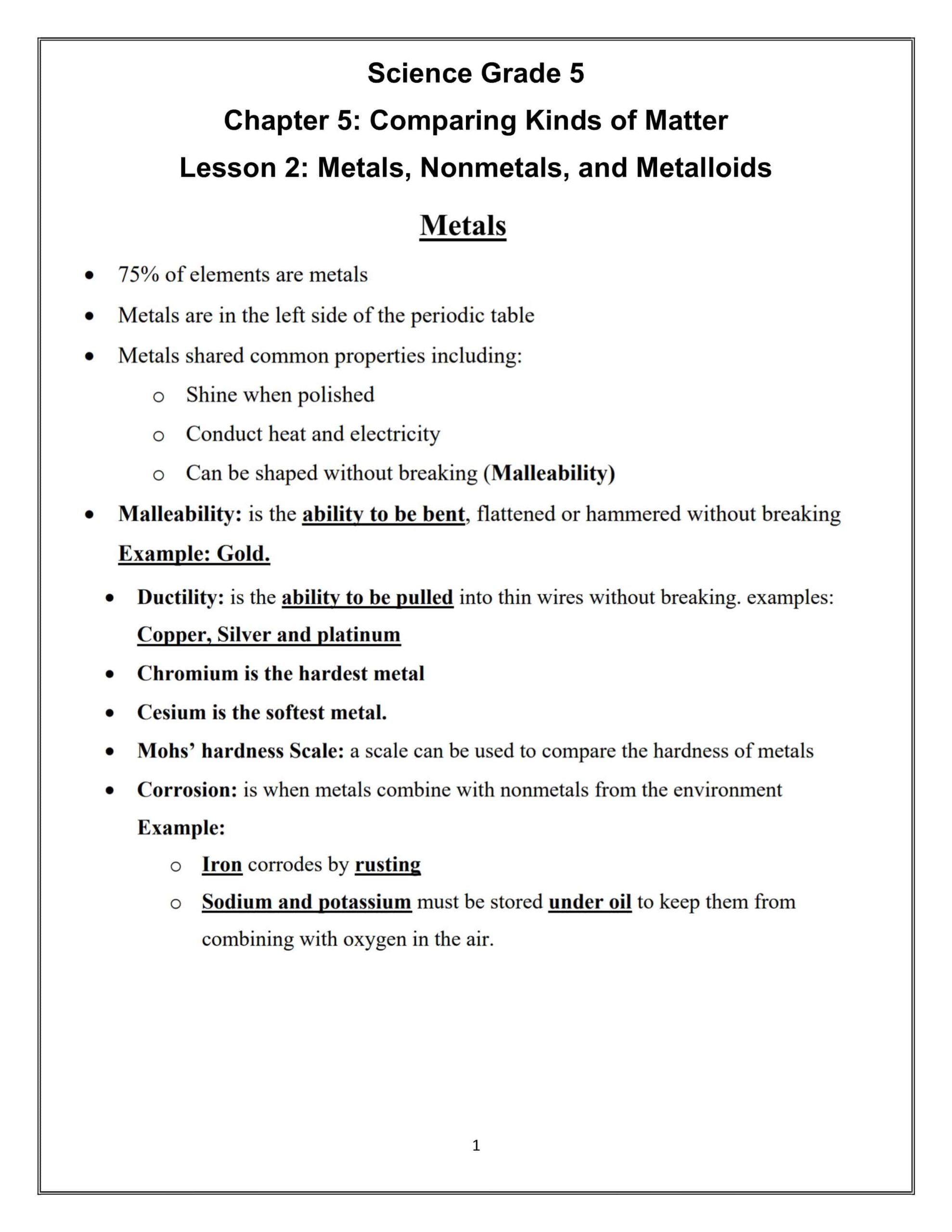 ملخص Metals, Nonmetals, and Metalloids العلوم المتكاملة الصف الخامس 