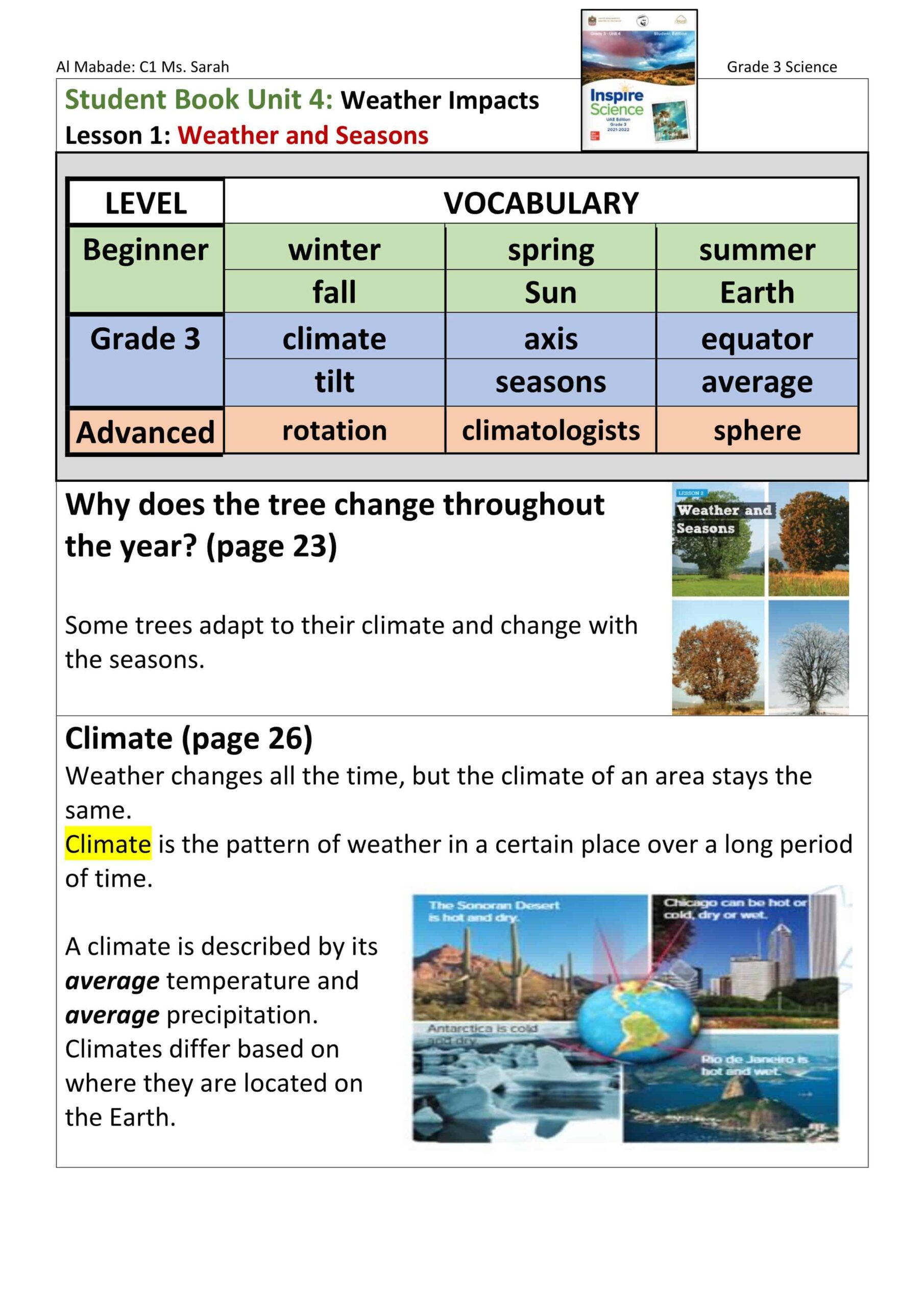 ملخص Weather and Seasons بالإنجليزي العلوم المتكاملة الصف الثالث
