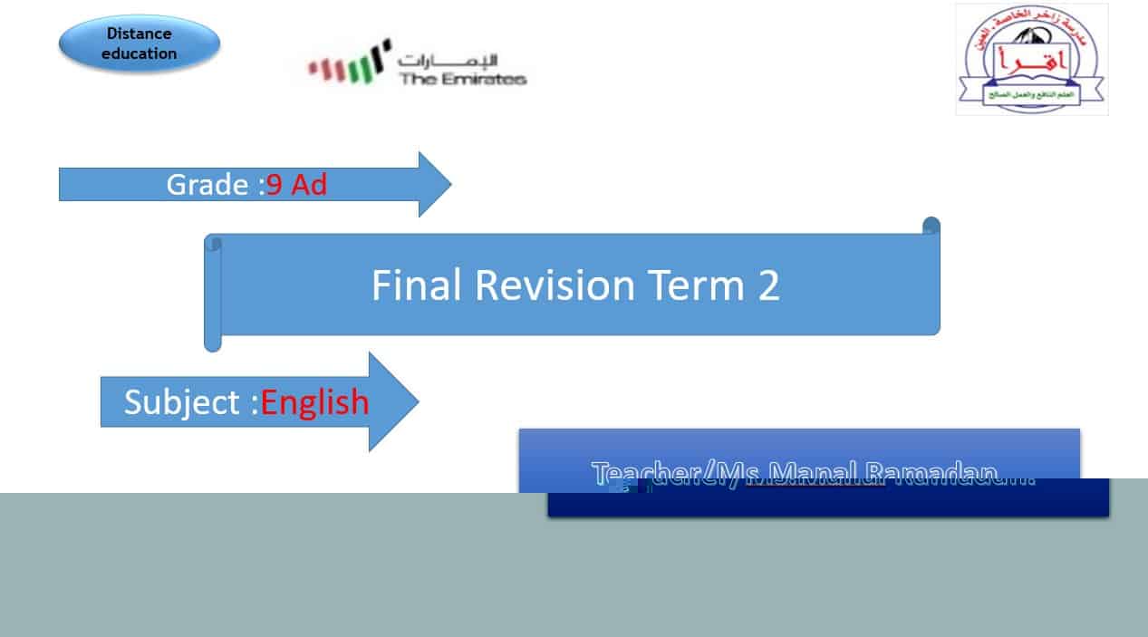 مراجعة Final Revision Term 2 اللغة الإنجليزية الصف التاسع - بوربوينت 