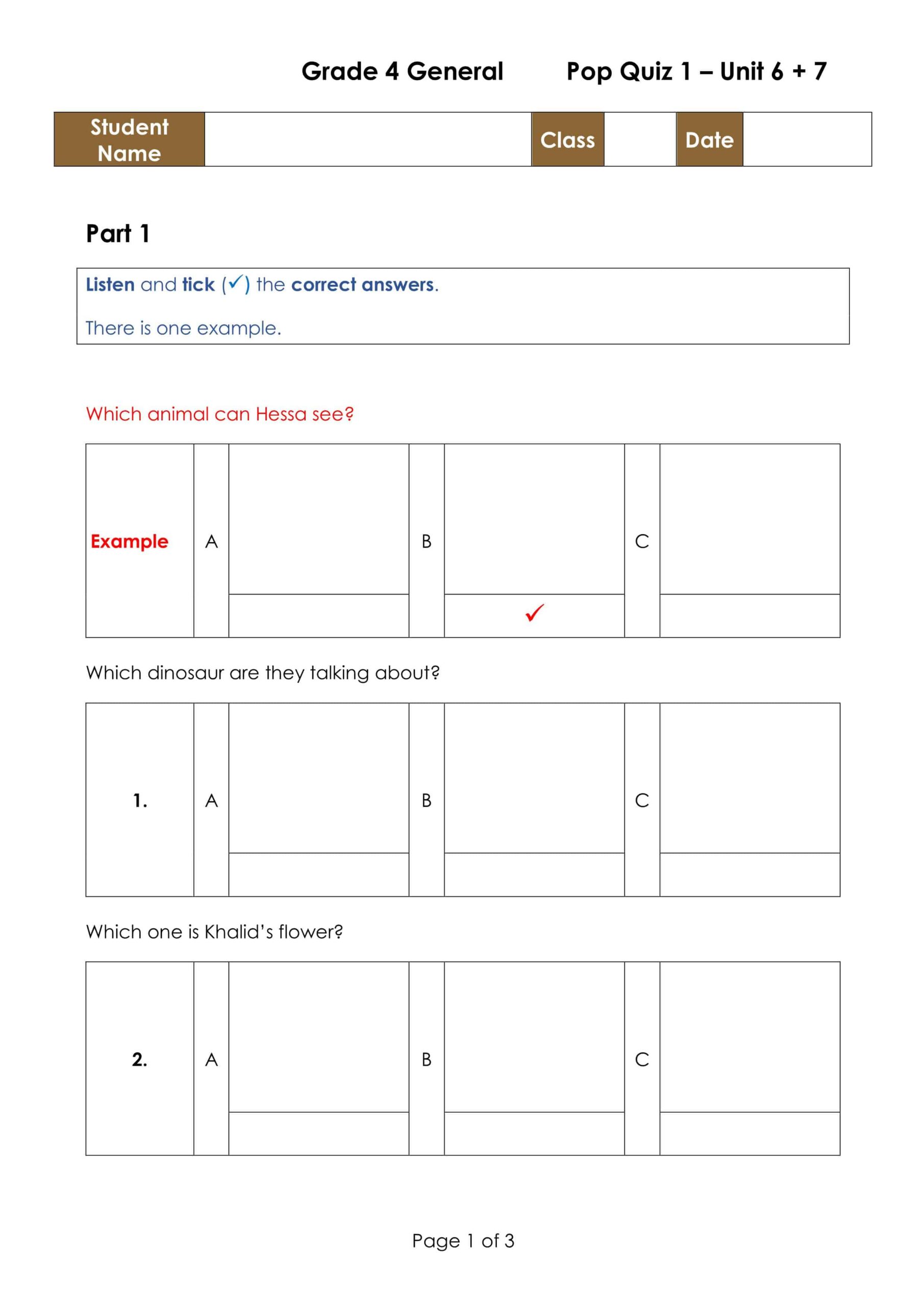 حل أوراق عمل Pop Quiz 1 Unit 6 & 7 اللغة الإنجليزية الصف الرابع 