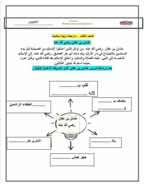 ورقة عمل عثمان بن عفان رضي الله عنه التربية الإسلامية الصف الثالث