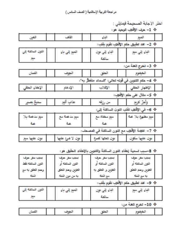 أوراق عمل مراجعة عامة التربية الإسلامية الصف السادس