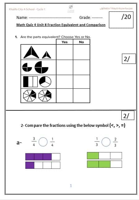 ورقة عمل الوحدة الثامنة Unit 8 Fraction Equivalent and Comparison الرياضيات المتكاملة الصف الرابع