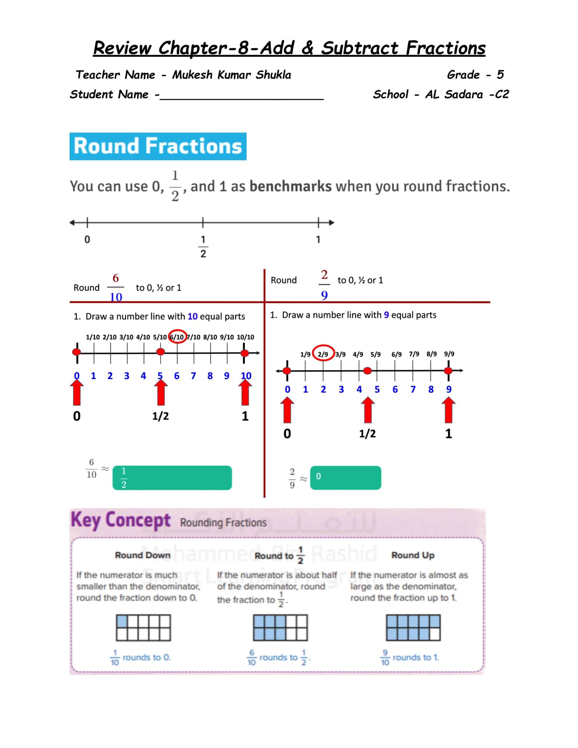 أوراق عمل Review Chapter 8 Add & Subtract Fractions الرياضيات المتكاملة الصف الخامس