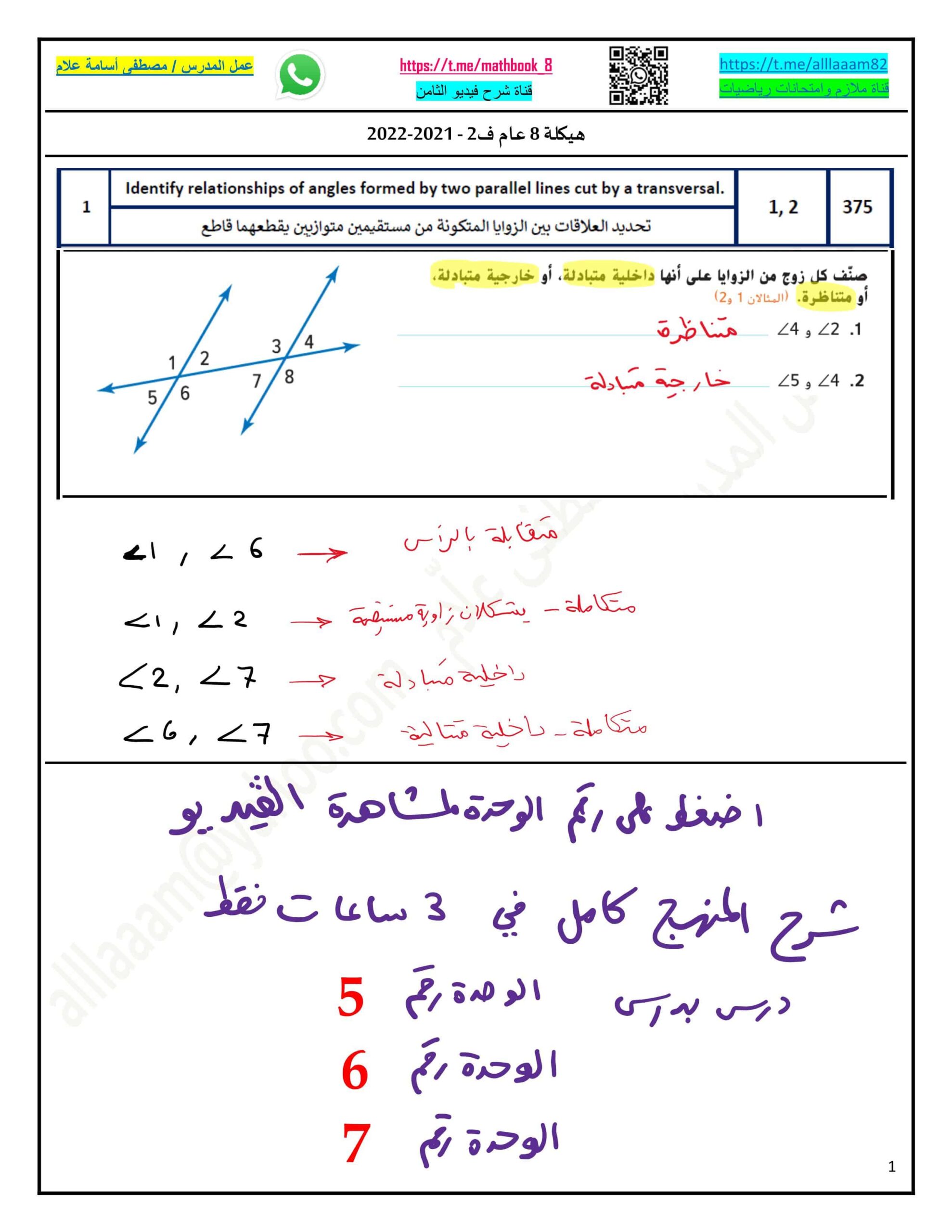 أوراق عمل هيكلة الامتحان الرياضيات المتكاملة الصف الثامن