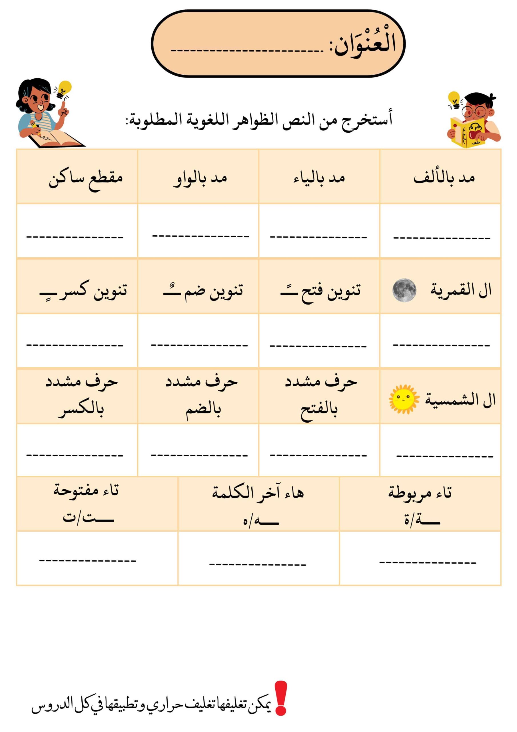 ورقة عمل استخرج من النص الظواهر اللغوية اللغة العربية الصف الأول والثاني