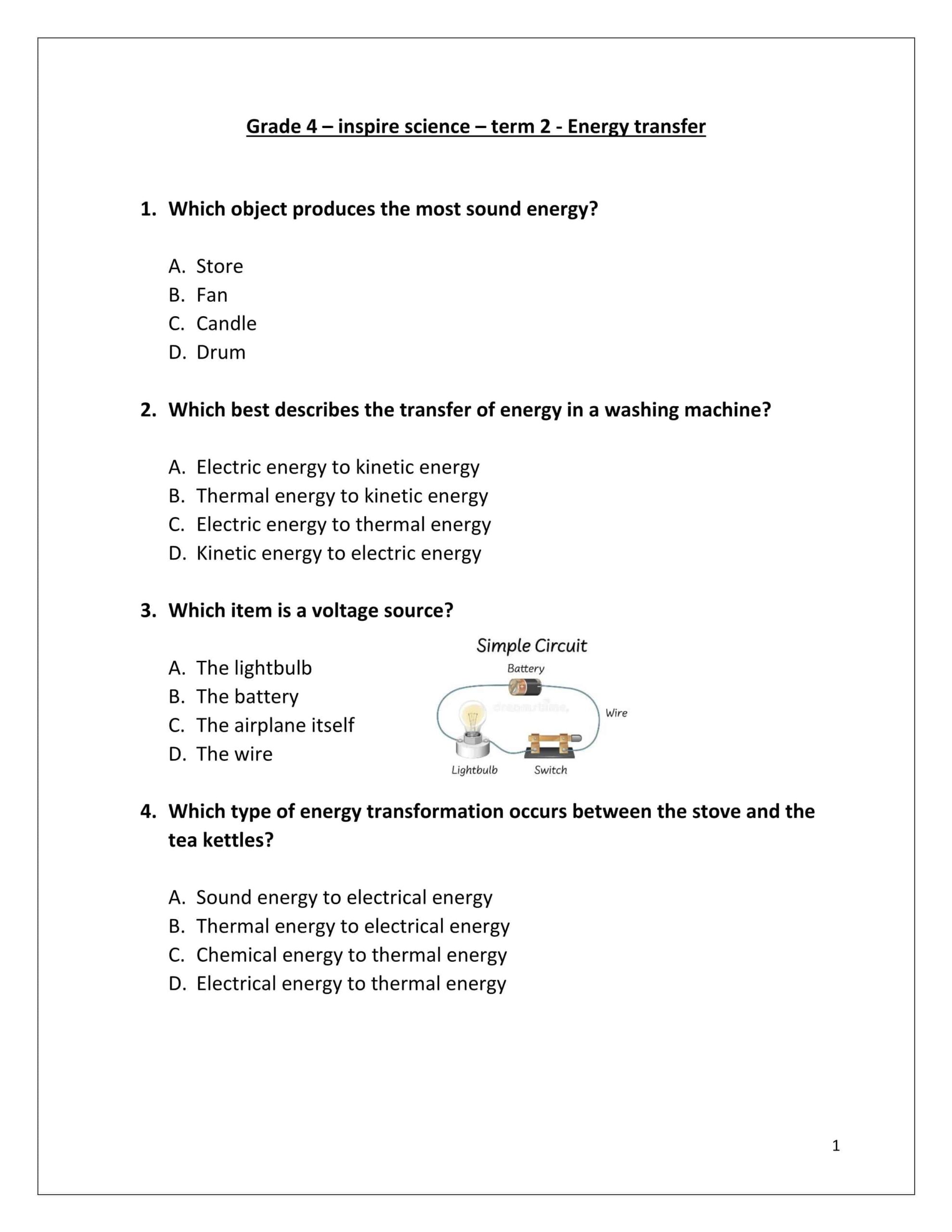 حل أوراق عمل Energy transfer بالإنجليزي العلوم المتكاملة الصف الرابع