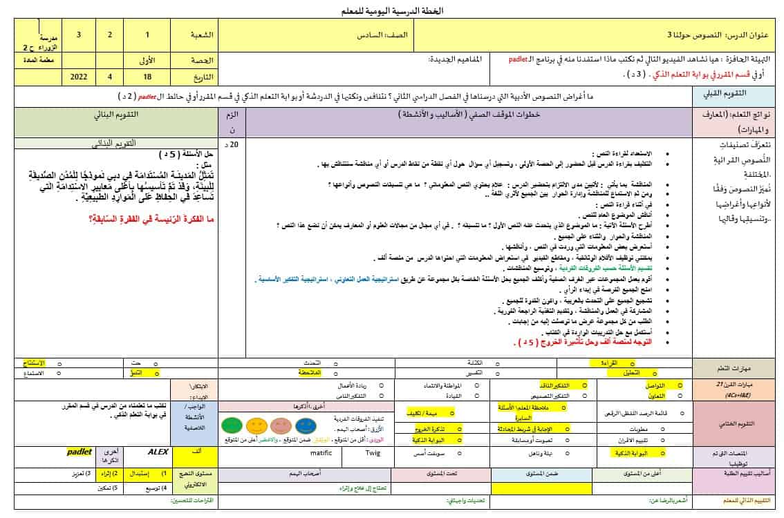 الخطة الدرسية اليومية النصوص حولنا 3 اللغة العربية الصف السادس